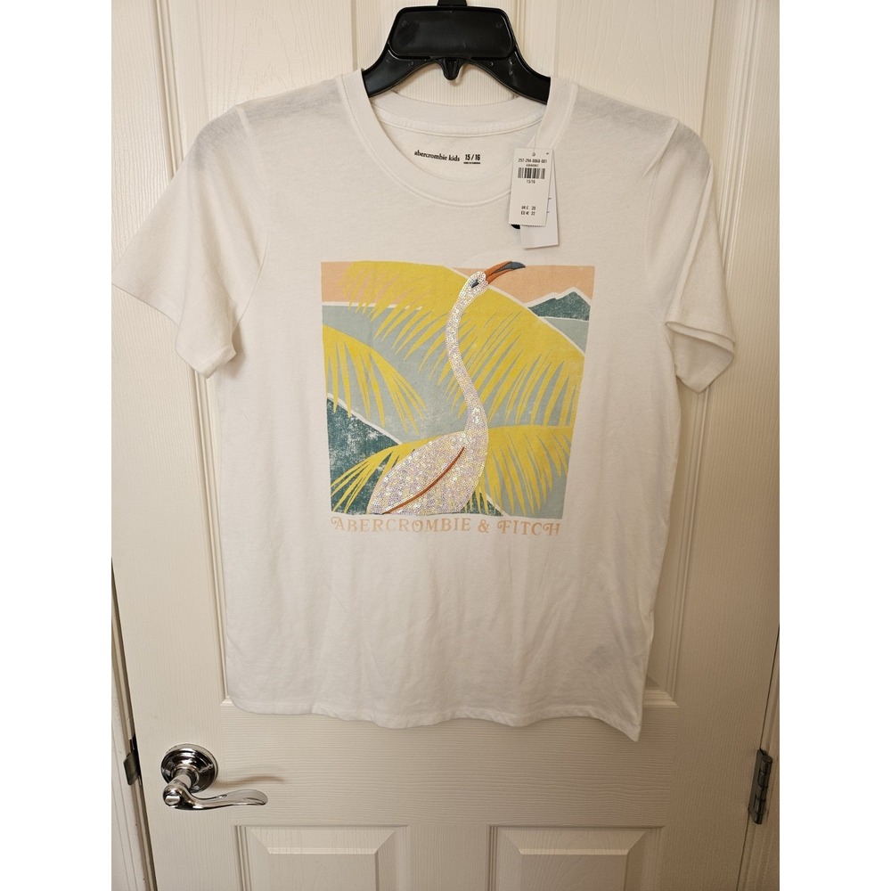 NWT Abercrombie Kids White "Vacation Shine" Sequin Flamingo T-Shirt, Youth 15/16